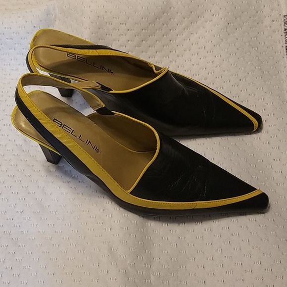 Unique leather black slingback heels with yellow trim. Made by Bellini - Picture 4 of 5